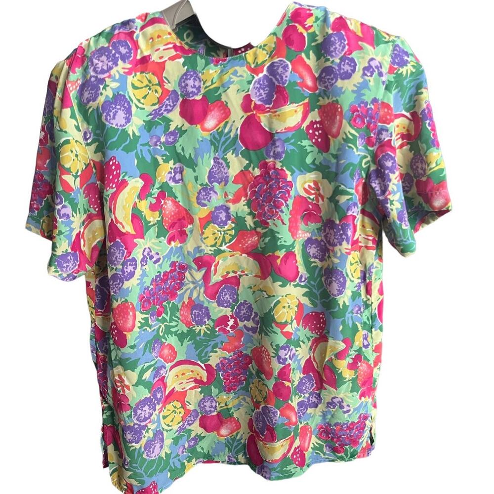 Vintage 80s 90s Galinda Wang Fruit Abstract Yellow Pink Blouse Spring Med Large